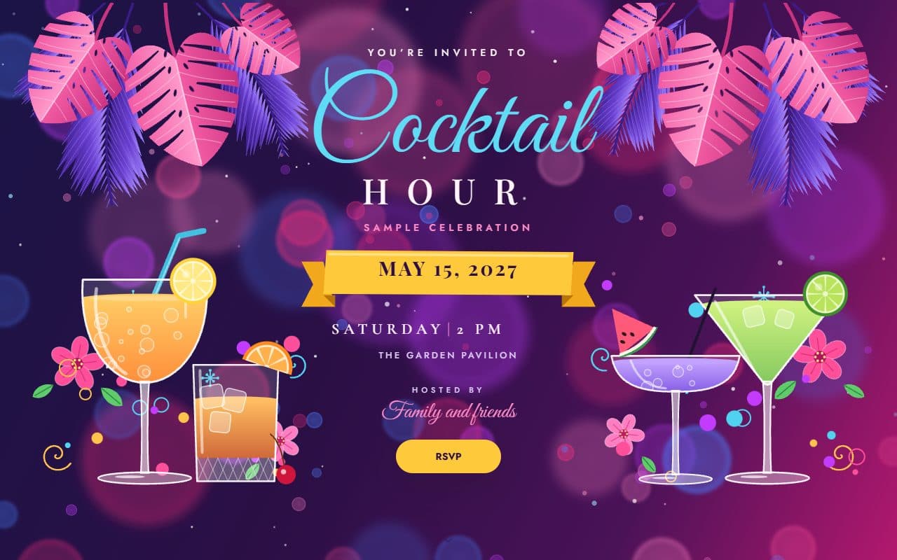 Cocktail hour, a cocktail party RSVP website template: Neon bokeh, monstera and palm leaves, a ribbon-banner date and illustrated cocktails at the bar — a vibrant cocktail party.