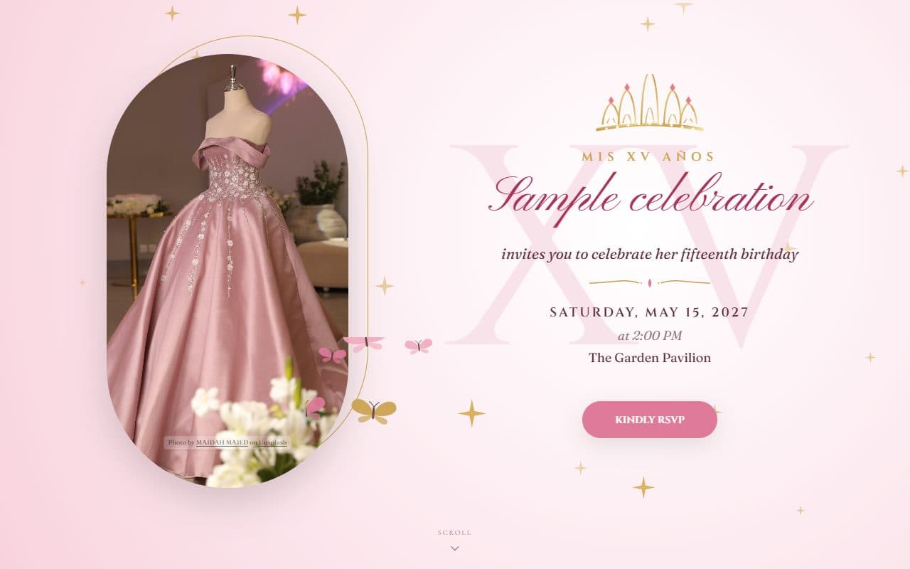 Mis quince, a quinceañera RSVP website template: A jewelled tiara, a blush ball gown, butterflies and gold sparkle for an unforgettable quinceañera.