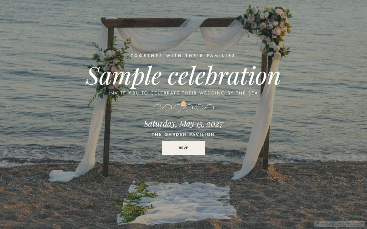 Seaside vows, a wedding RSVP website template: A barefoot-elegant beach wedding: a full-bleed seaside ceremony, sand and sea tones and hand-drawn waves.