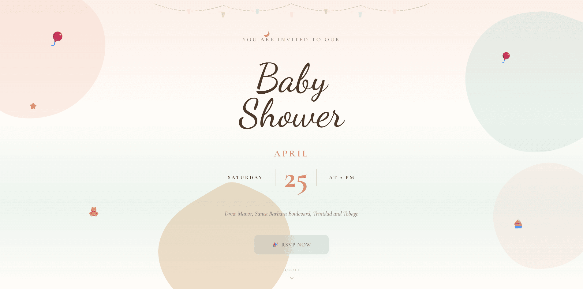 A SimplyRSVP event website hero — a baby shower invitation with script typography, the event date, and an RSVP button on a soft pastel background