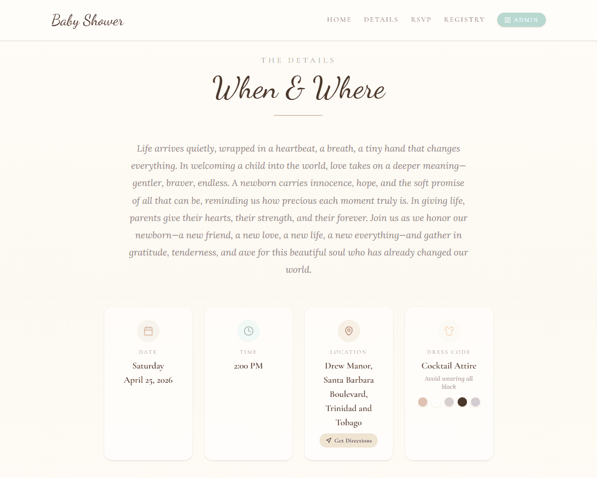 Event details section showing the celebration story, date, and an embedded map of the venue
