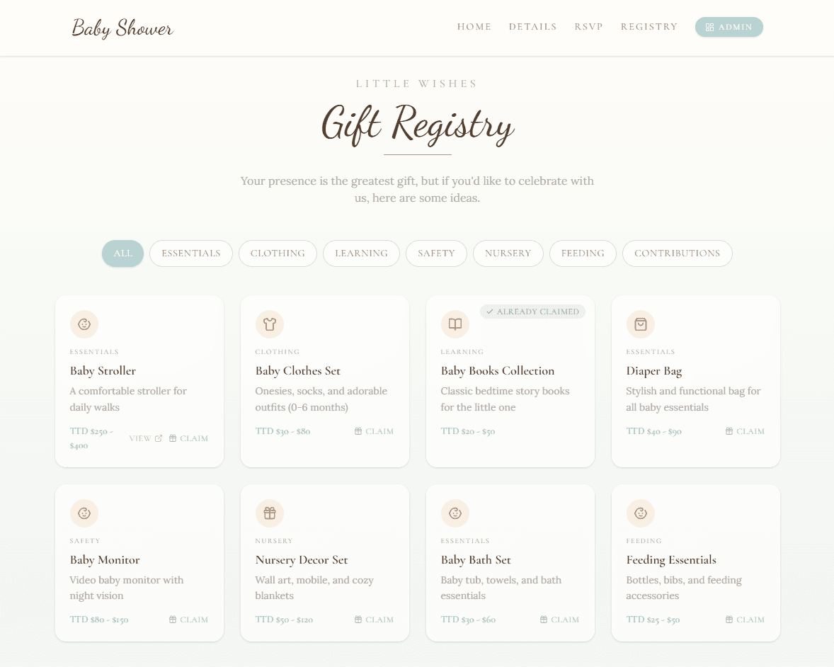 Gift registry section where guests claim items with quantities tracked in real time