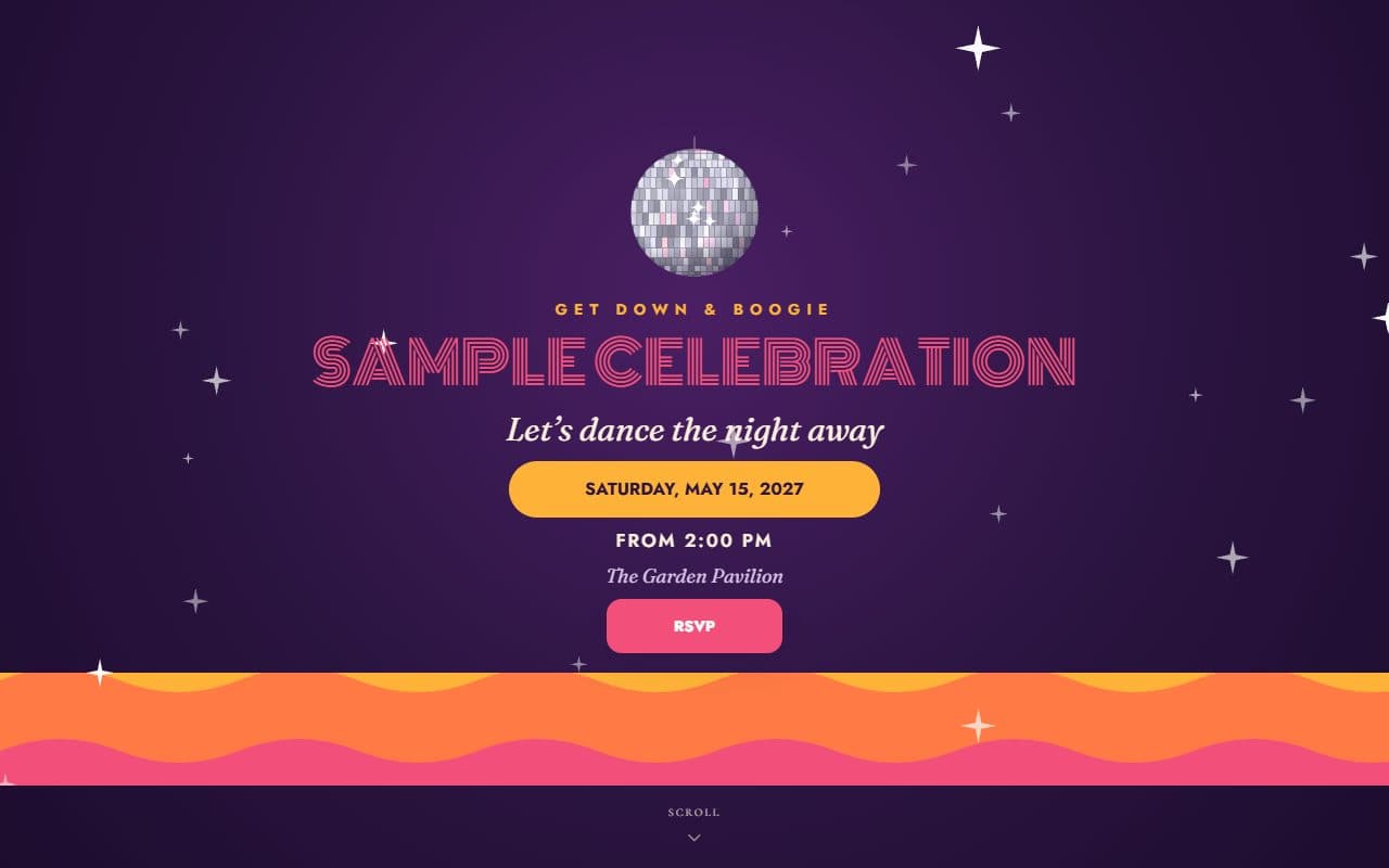 Disco fever, a birthday RSVP website template: A glittering mirror ball, groovy 70s waves and neon lettering — a birthday made for the dance floor.