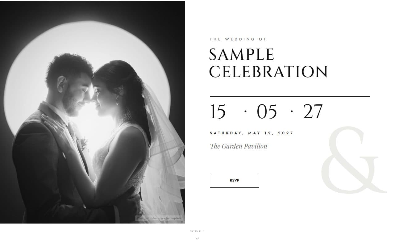 Modern monochrome, a wedding RSVP website template: An editorial black-and-white wedding: a full-height portrait, statement serif names and a numeral date.