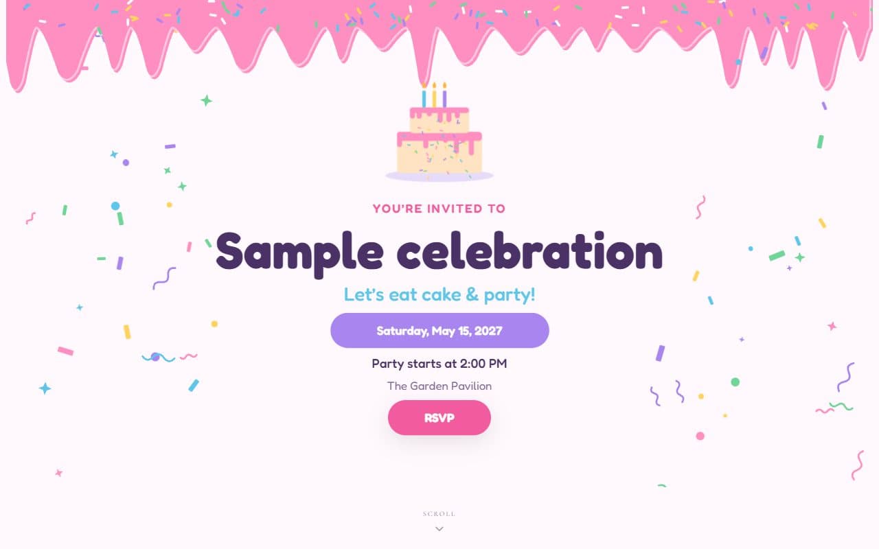 Sprinkles & cake, a birthday RSVP website template: Dripping pink frosting, a candle-lit cake and candy-coloured sprinkles for a sweet kids’ birthday party.
