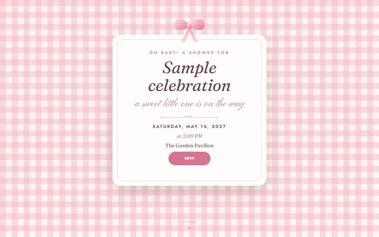 Sweet little bow, a baby shower RSVP website template: Pink gingham, a satin bow and a paper invitation card — a sweet, modern coquette baby shower.