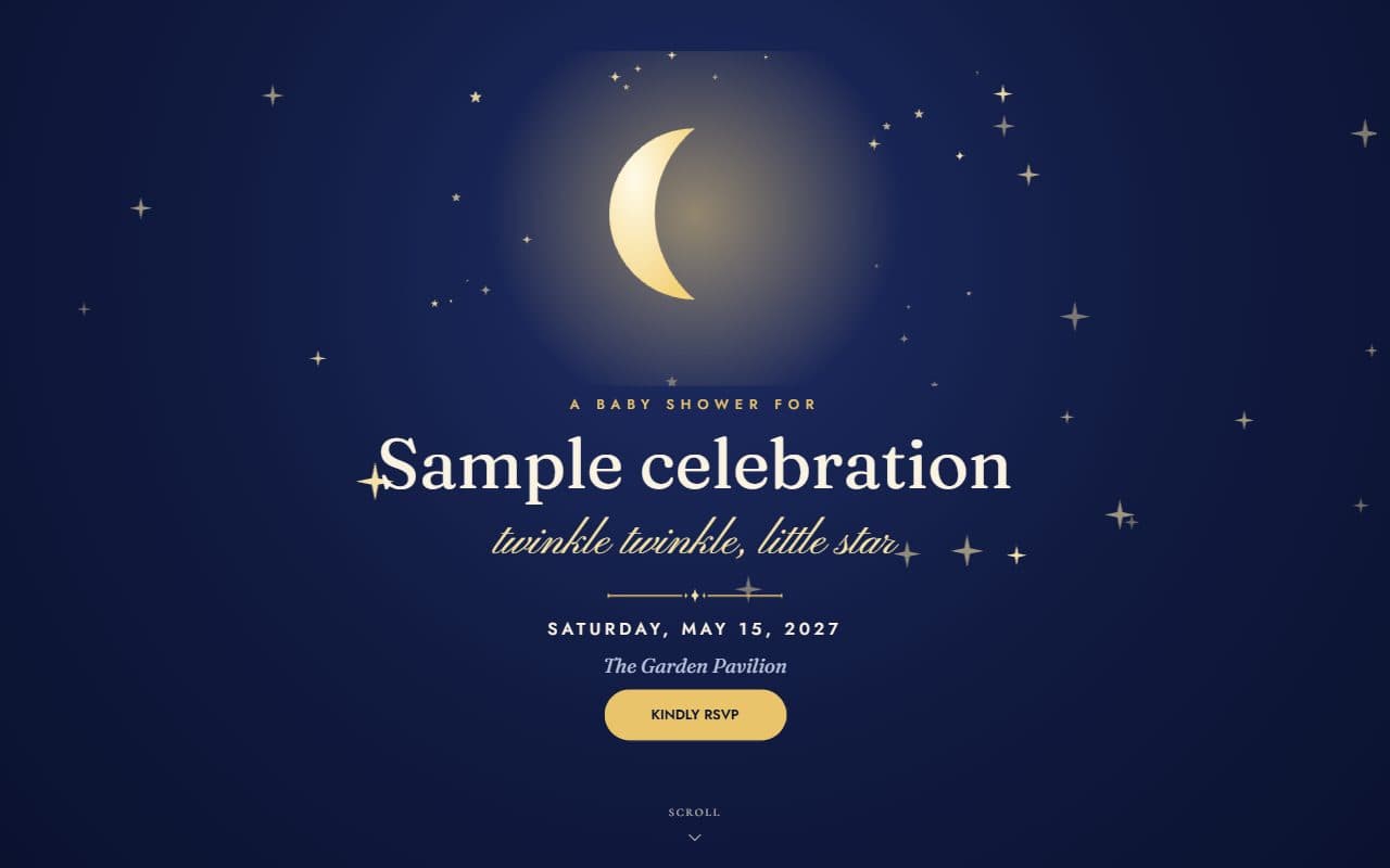 Twinkle little star, a baby shower RSVP website template: A midnight-blue sky, a glowing crescent moon and softly twinkling stars for a dreamy baby shower.